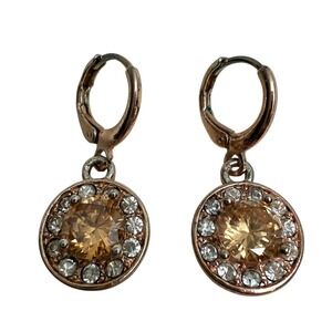 Topaz Rhinestone Halo Drop Dangle Earrings Gold Tone Pierced Open Lever 1 in